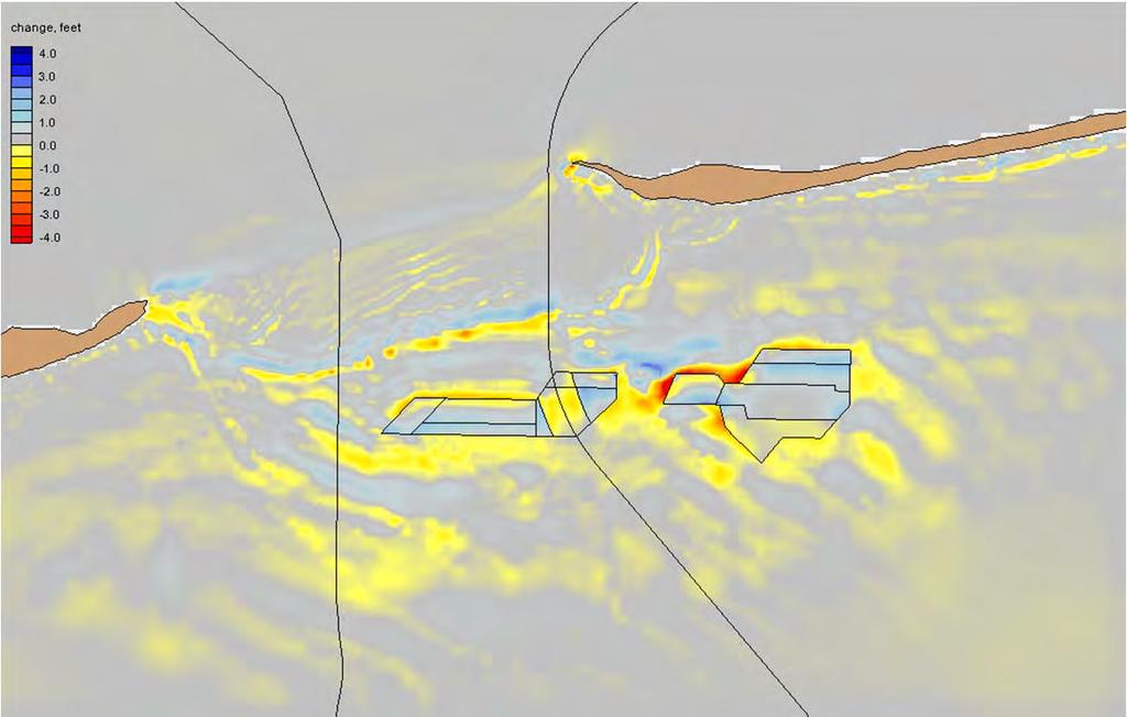 Storm Simulation. For the Hurricane Katrina simulation with excavated borrow sites, seafloor morphology change is illustrated in Figure 44.