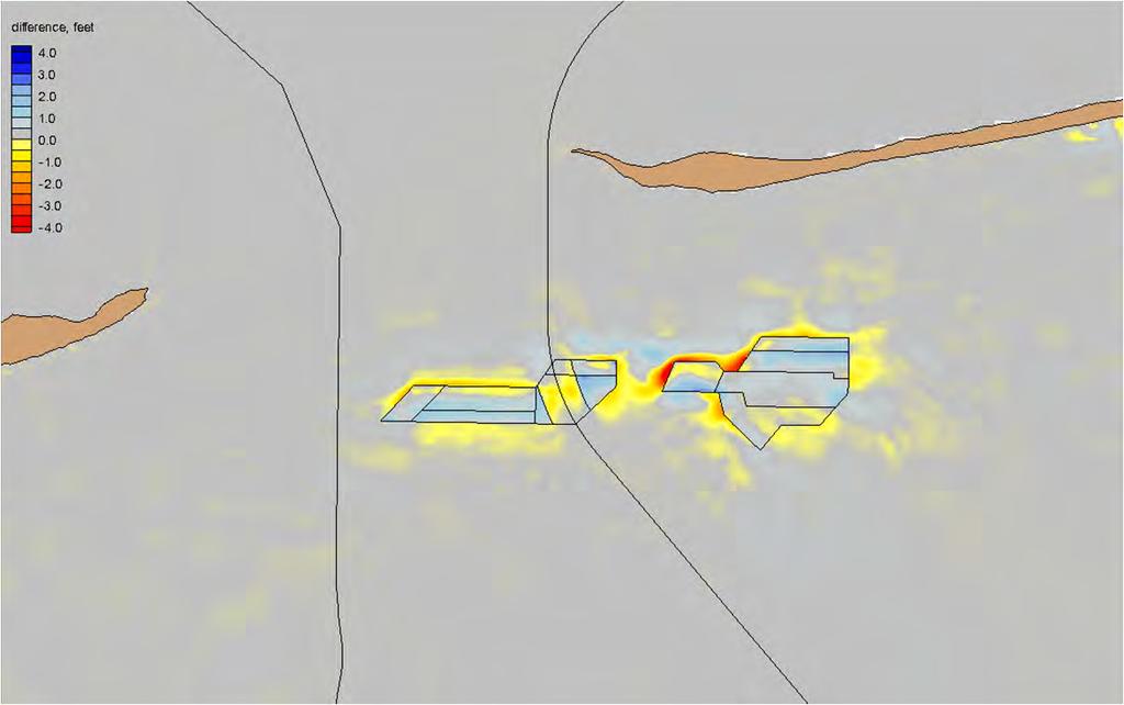 Figure 45. Difference map for existing and post-dredging morphology change from simulations of annual conditions. Figure 46.