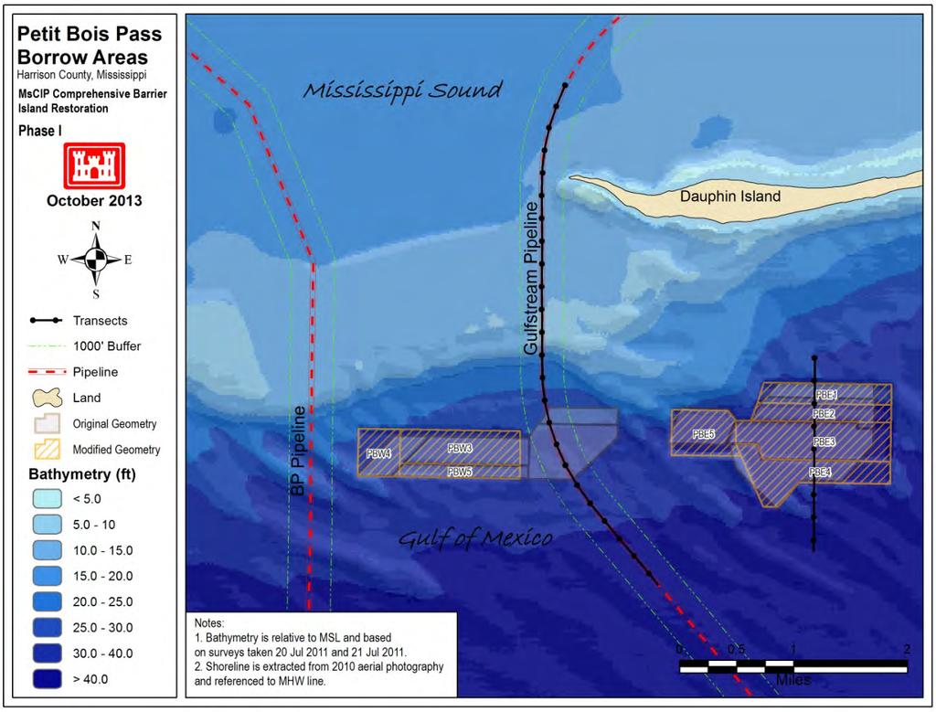 Figure 1: Petit Bois Pass borrow area geometry modification in response to Gulfstream pipeline owner s concerns.