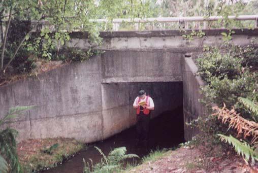 Overall condition: Fair. Culvert is in good condition, however retaining walls below outlet are collapsing. Baffles near inlet are partially buried in sediment.