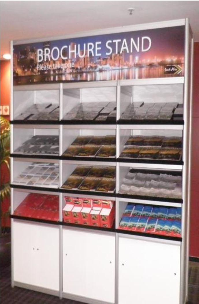 BROCHURE STANDS Quantity: 4 Material: Size: Shell scheme Recommended size 2000mm x 2000mm Space Rental Cost: Nil Structure: Applicable to: Note: Free Standing At the