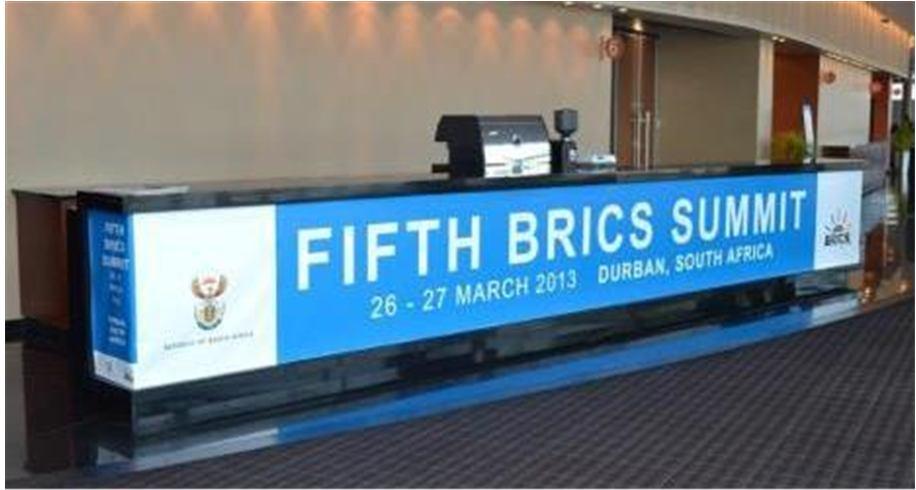 ARENA BAR SIGNAGE Quantity: Material: Installation: Total 3 counters East and West counters reserved for Durban ICC Central counter for client use Fire-retardant fabric / PVC Applied with