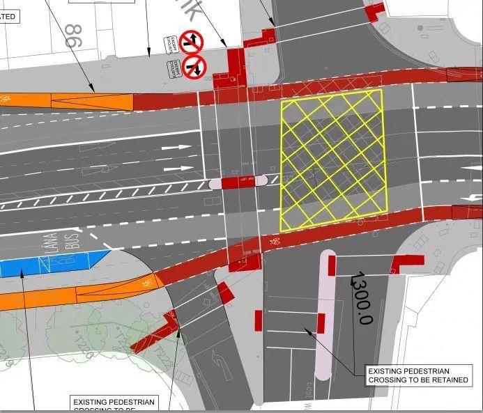 cars, trucks or coaches (red = cycle lane) -- a two-way cycle path would remove the turning conflicts and
