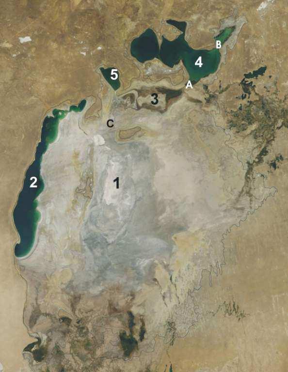 ARAL SEA on August 19, 2014 (MODIS) 1 - dried Eastern Basin of the Large Aral Sea 2 - Western Basin of the Large Aral Sea 3 - New
