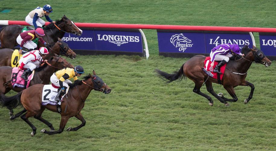Mendelssohn winning the Breeders' Cup Juvenile Turf at Del Mar. Photo: Breeders' Cup Inc. THREEANDFOURPENCE, also representing Ballydoyle, could prove to be the main rival to Mendelssohn.