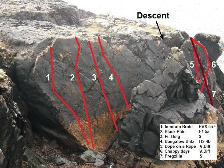 6 The next four routes are on the Pinnacle Wall, starting with 'Immram Brain' at the leftmost edge of the face. Immram Brain VS 5a 20m * This follows the curving left-hand arete of the wall.
