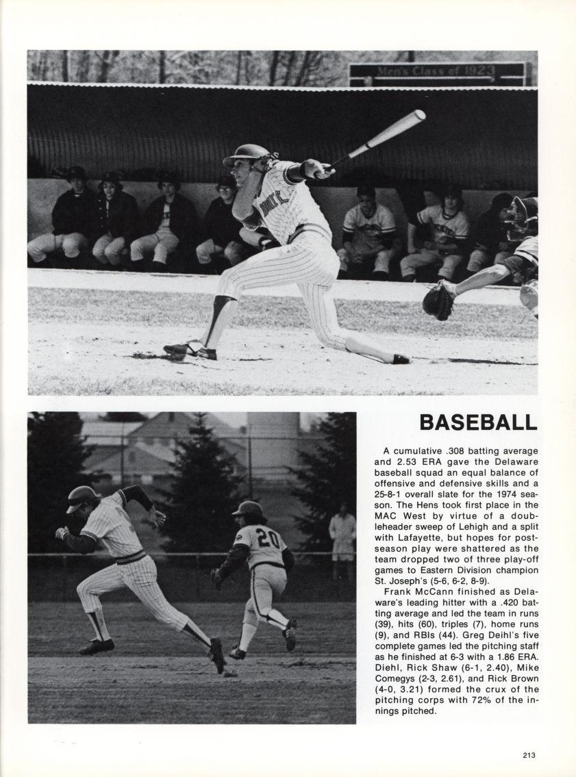 BASEBALL A cumulative.308 batting average and 2.53 ERA gave the Delaware baseball squad an equal balance of offensive and defensive skills and a 25-8-1 overall slate for the 1974 season.
