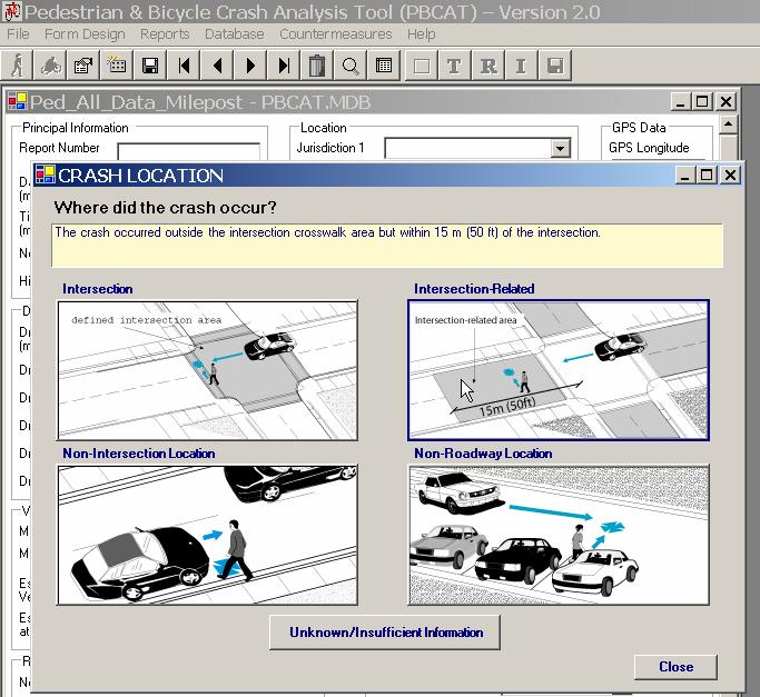 Crash typing begins with a click on the crash typing icon. The user answers a series of questions about the location of the crash and the circumstances surrounding the crash.