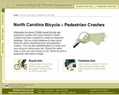 NC Ped/Bike Crash Data Web site 8 years of data 18,500 ped crashes 7,900 bike crashes Annual Crash Facts Annual Crash Types On-line Query Function Summary Reports www.pedbikeinfo.