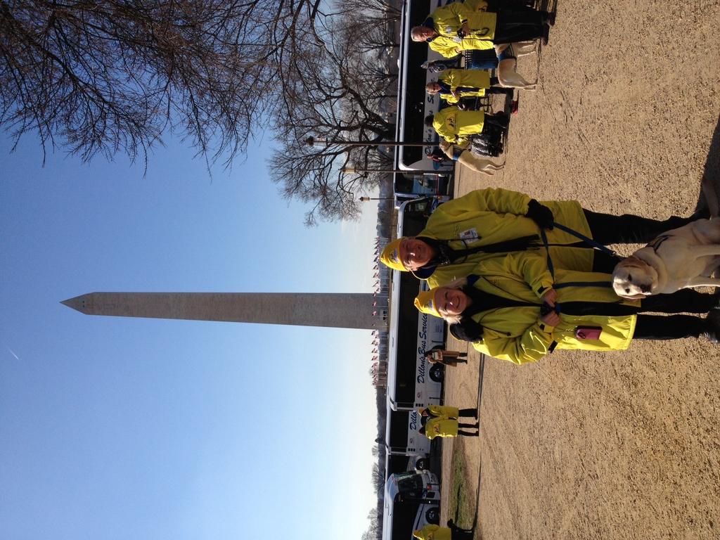 Lion Peter and Lion Joanne stand in front of the Washington Monument