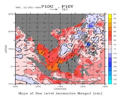 . (a) Sea level (black) and SLA (green) at Tanjong Pagar (Singapore) (b) Wind vectors and SLA (in cm and coloured) on 22 Dec 1999 Fig. 5.