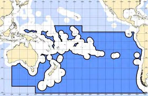 Figure 1: South Pacific Regional Fisheries Management Area. Dark blue represents international waters. Industrial fishing of SPJM started in the 1970s mainly with fleets from Europe and South America.