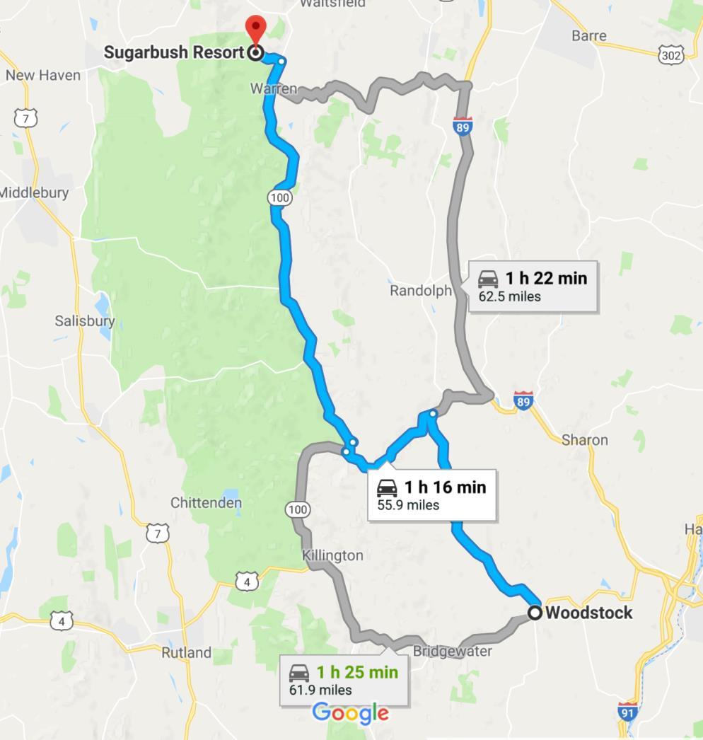 Location Sugarbush Ski Area in Warren, Vermont: 190 miles north-west of Boston, MA and 45 miles south-east of Burlington, VT.