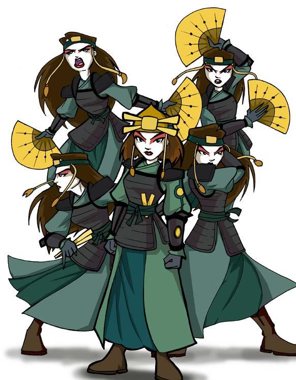 Level 1 Kyoshi Warrior Roleplaying Notes: Clad in ornate, armored, green kimonos inspired by Kabuki theater, Kyoshi Warriors use metal headdresses and white-faced makeup designed to intimidate