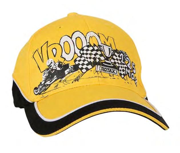 KIDS CAP VROOOM Colour: yellow/black with white piping print/embroidery combination, backstrap with metal lock Material: 00 % cotton 58072 one size Price: 3,28 KIDS