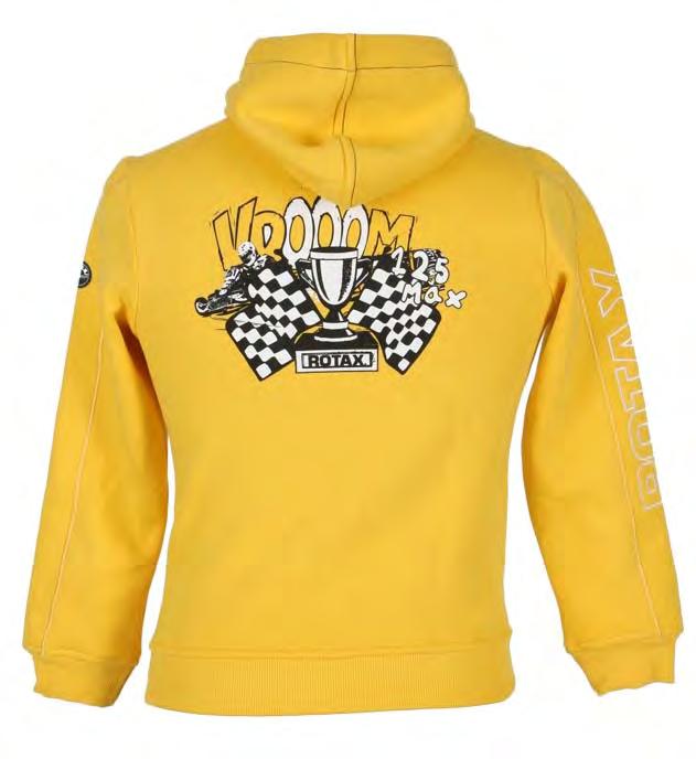 KIDS HOODY SWEATER VROOOM Colour: yellow embroidery on front and sleeve, design print on back,