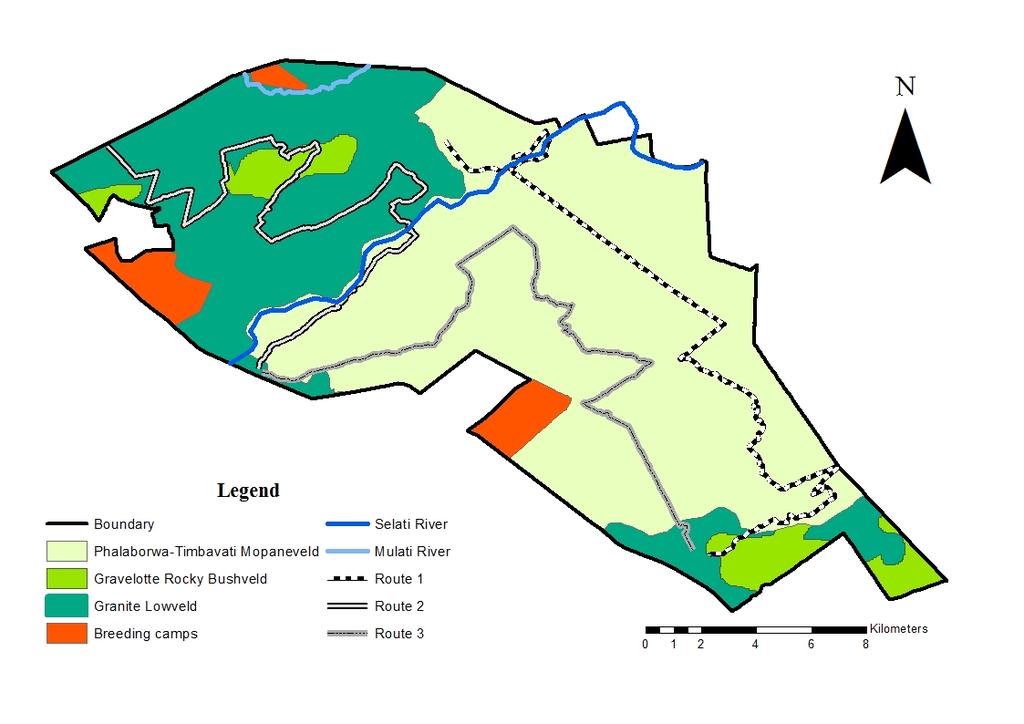 Road-trip count: Three separate transect routes, totalling 95km were chosen to cover the majority of the reserve as well as to pass through all vegetation types (Figure 2).