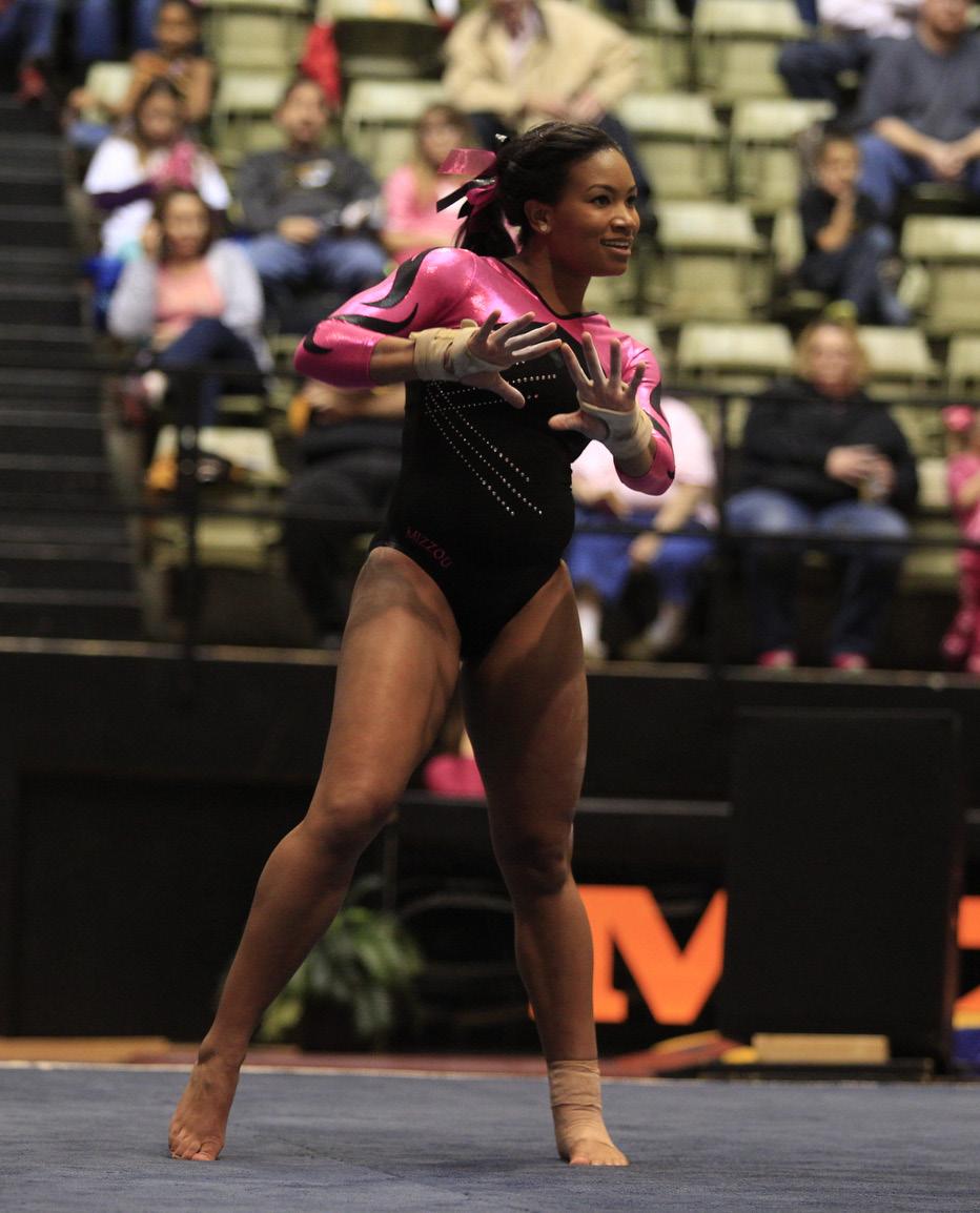 Anna Bowers Freshman Made her Tigers debut against Arkansas (Jan. 17) at the annual Pink Out meet. In an exhibition routine on floor, the freshman tallied a 9.675 score.