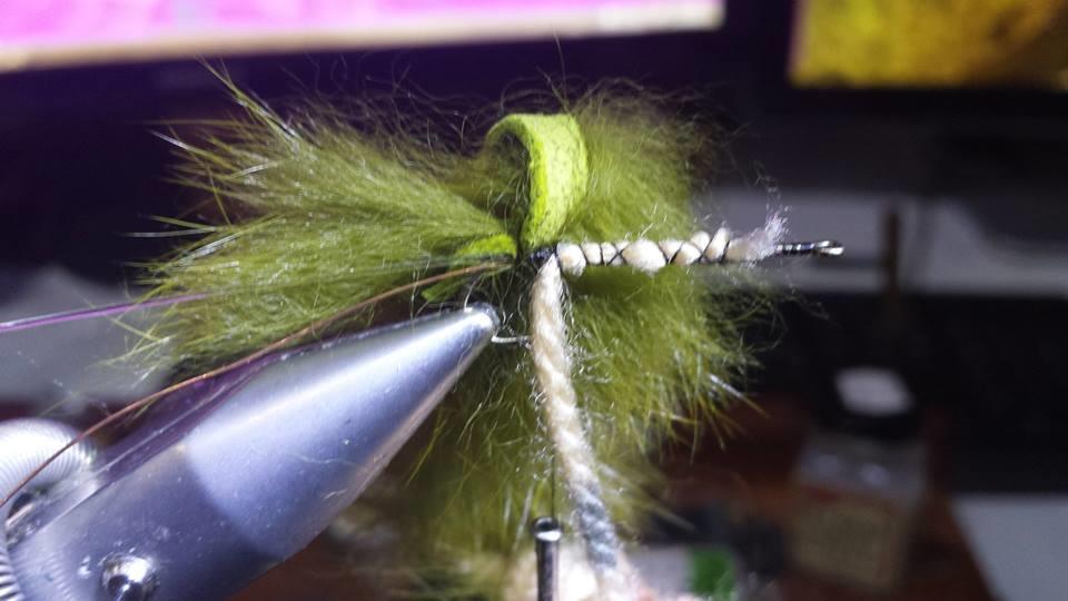 5. Take the zonker and tie it in so that the tail is just longer than the nylon loop say 1.5cm. Take care not to trap the zonker fibres when doing this.