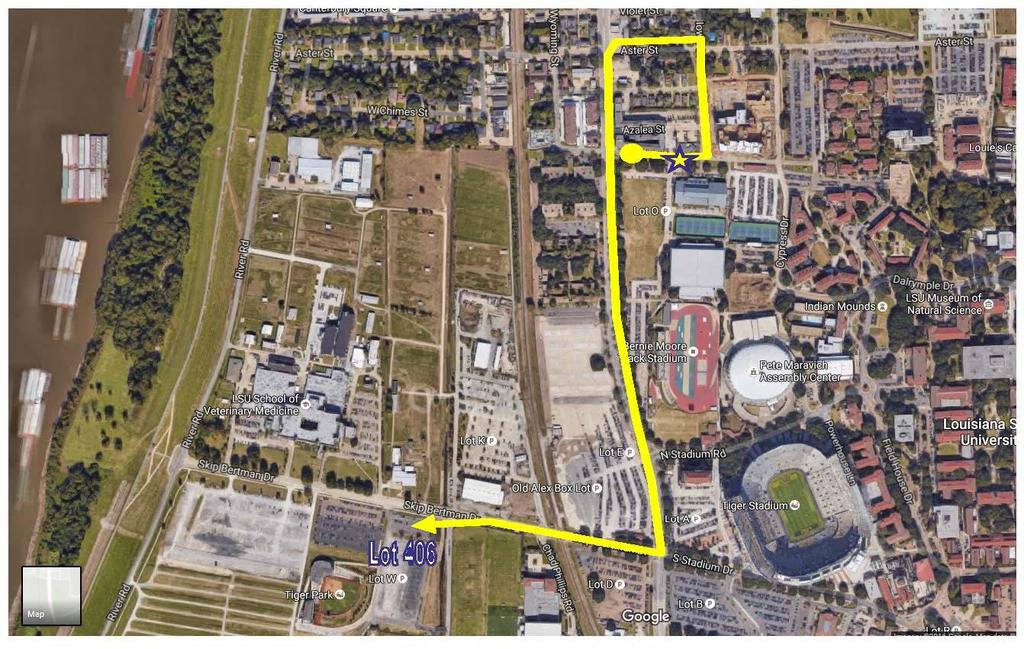 Bus drop off is on West Chimes Street at the entrance to Lot 105. Coming from East on Interstate 10: 1) Take I-10 to Highland Road (La. 42, exit 166). Turn left onto Highland Road and proceed 10.