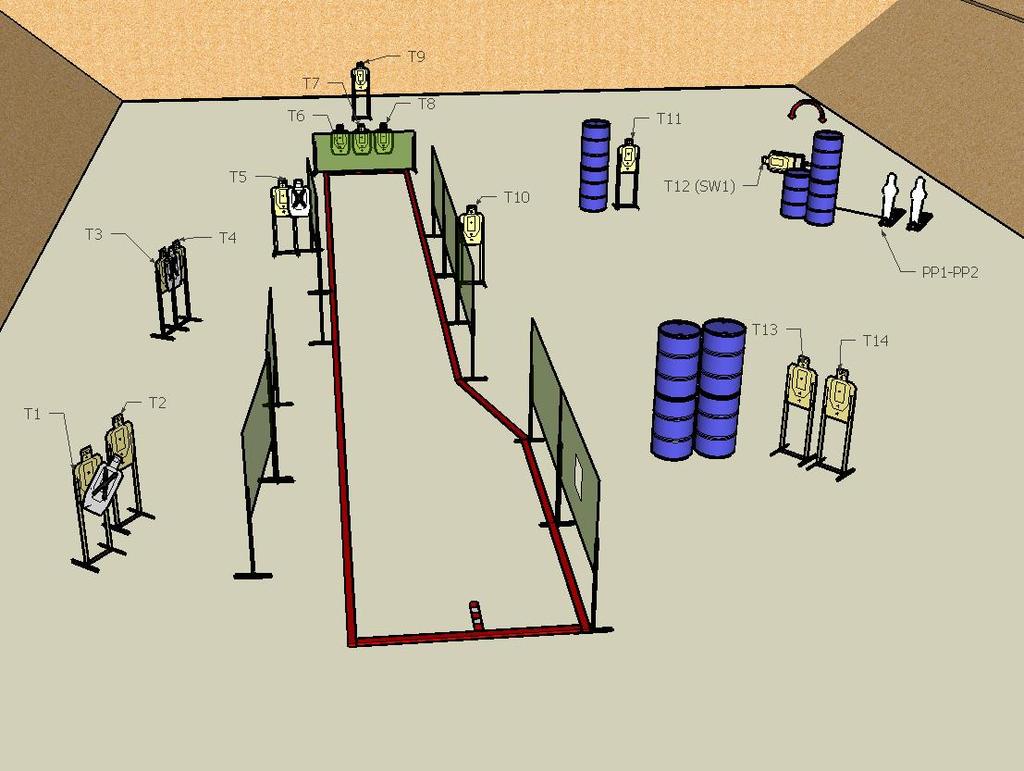 Stage 3 Running Gun Blues COURSE DESIGNER: Doug Wilton Stage Location: Bay 3 START POSITION: Standing inside the shooting area, legs straddling the start stick. Handgun is loaded and holstered.