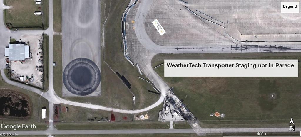 MAPS IWSC Staging: WeatherTech Transporter staging for parade, 1 transporter per Team on Midway. Wash Area Yellow arrows WT Transporter Staging NOT in the Parade.