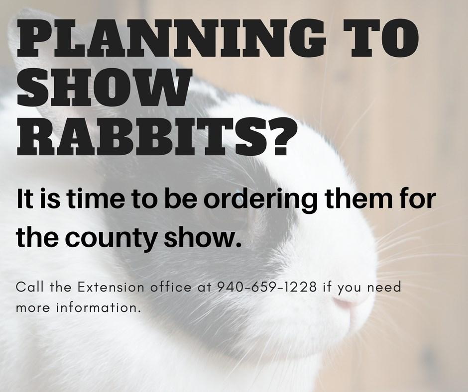 4:00-7:00 p.m. October 15, 2018 Chicken orders & entries will be taken at the Expo building in Mineral Wells from 4:00 p.m. - 7:00 p.m. More details inside. PLANNING TO SHOW RABBITS?