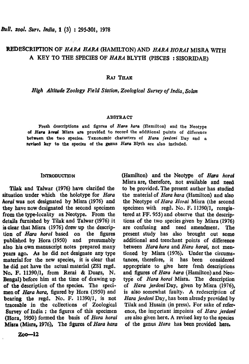 Bull. zool. Surv. I"dia, 1 (3) : 29S-301, 1978 REDBSCRIPTION OF HARd HARA (HAMILTON) AND HARA.