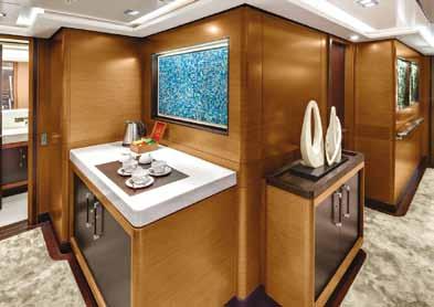 Lined drawers, contemporary hardware and lighting, leather-wrapped