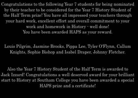 YEAR 7 Congratulations to te following Year 7 students for being nominated by teir teacer to be considered for te Year 7 History Student of work