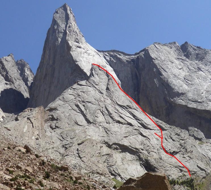 Pamir Pyramid (3,700m) Reluctant Chief E3 5c (1999) / Missing Mountain French 6b (1998) Date of Ascent: 03/08/2018 Valley: Ak-Su Length: 600m 13 pitches Grade: 6b+ Style: Successful Trad, repeat.