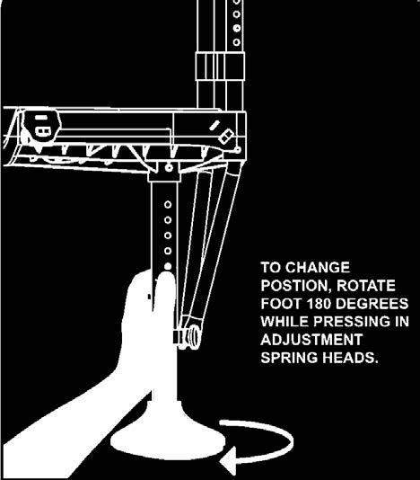 Continue pressing; simultaneously grasp and rotate the Foot 180 degrees until the spring heads pop out of the adjustment holes.