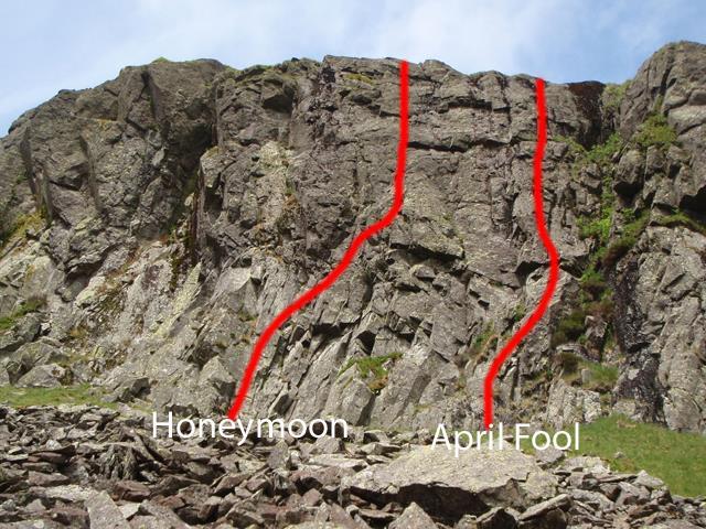 The wall just left of April Fool has been top-roped. It would probably be E1 (5a) to lead due to the poor protection. The description is: (5a).
