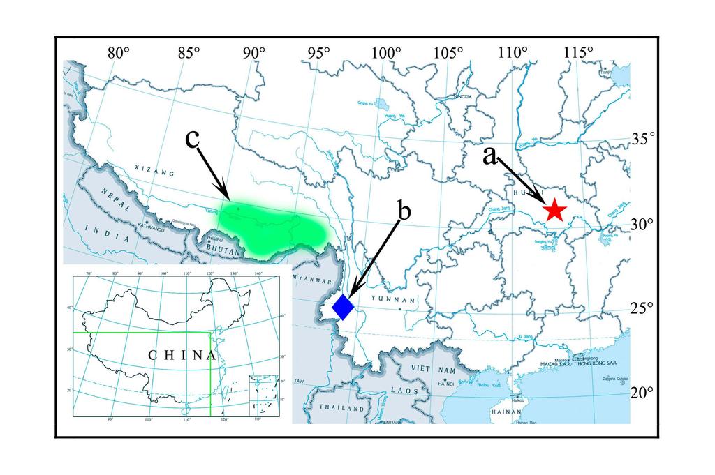 8 Euscorpius 2011, No. 118 Figure 23: Map of China, showing the localities of Scorpiops species. a (star), S. sp. (hardwickii complex ) from Hubei (Huzhaoshan Mountains). b (rhombus), S.