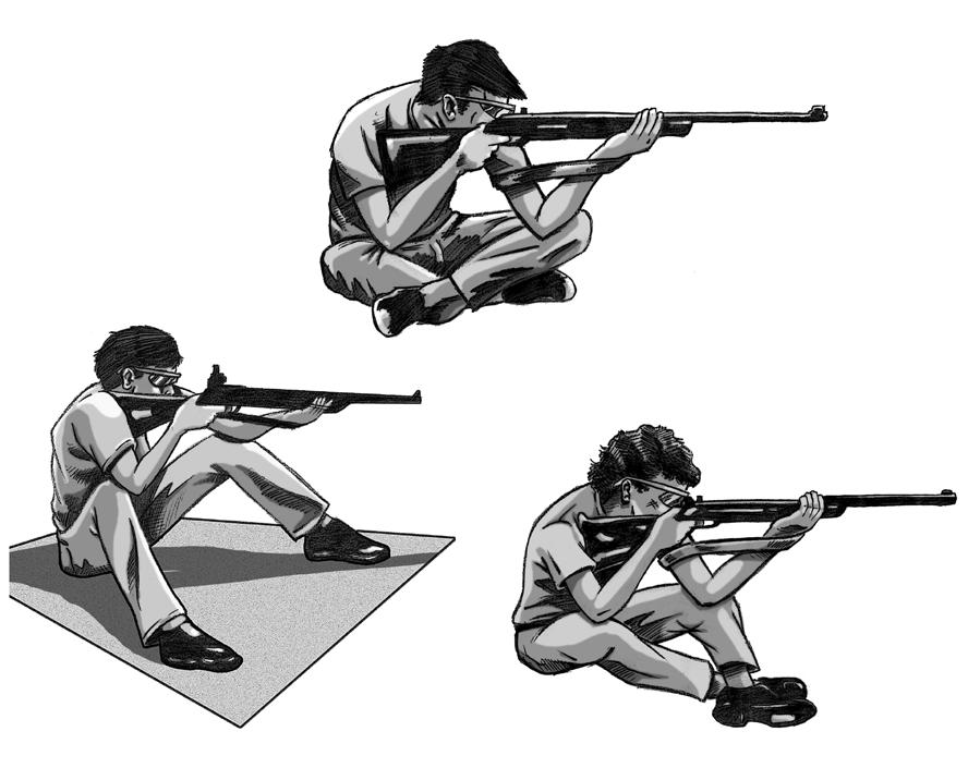5.10 Kneeling - The competitor shall touch the ground with the right foot, the right knee and the left foot. The BB gun shall be held in the same way as when shooting in the prone position, i.e., with both hands and the right shoulder.