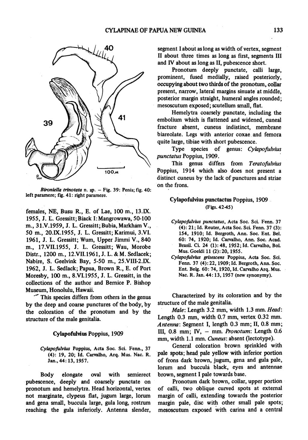 CYLAPINAE OF PAPUA NEW GUINEA 133 Bironiella trnotata n. sp. - Fig. 39: Penis; fig. 40: left paramere; fig. 41: right paraxmere. females, NE, Busu R., E. of Lae, 100 m., 13.IX. 1955, J. L. Gressitt; Biack I: Mangrowawa, 50-100 m.