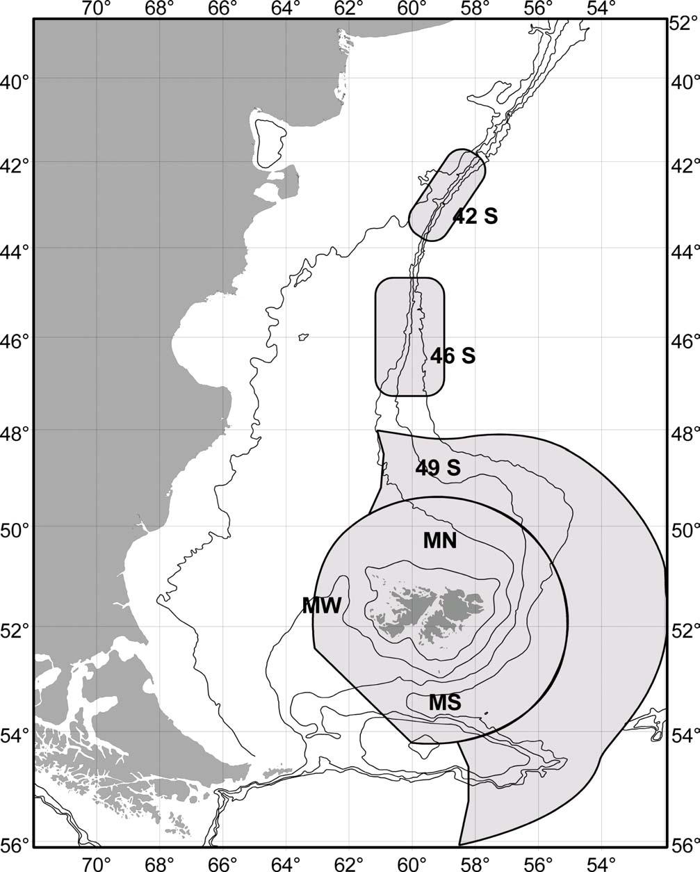 FOCZ FICZ Figure 1. - Main fishing areas in the Patagonian Shelf for the Spanish fishing fleet D.