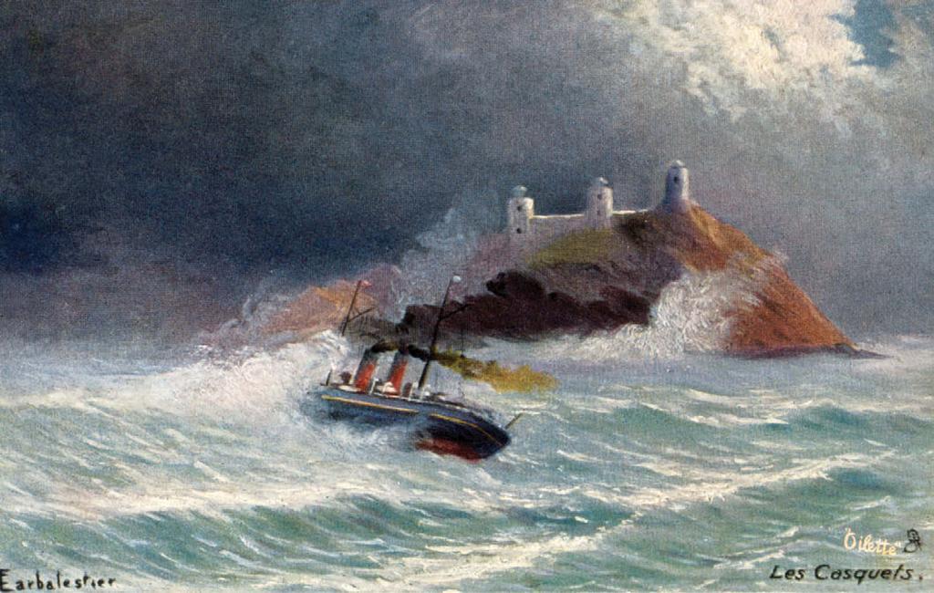 96 PoSTcArDS from THe edge Left: A big wave swamps the bow of a fairly sizeable but unidentified two-masted vessel causing it to almost broach as it struggles past the casquets lighthouse off