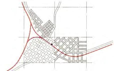 oriented to rail lines and topo. Later street grids oriented to land lots.