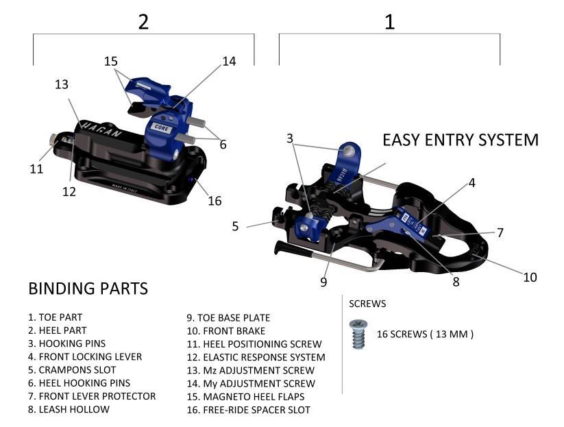 (EN) ENGLISH 100% MADE IN ITALY The HAGAN ski touring bindings are shaped following the most sophisticated design principles and highest level mechanic techniques.