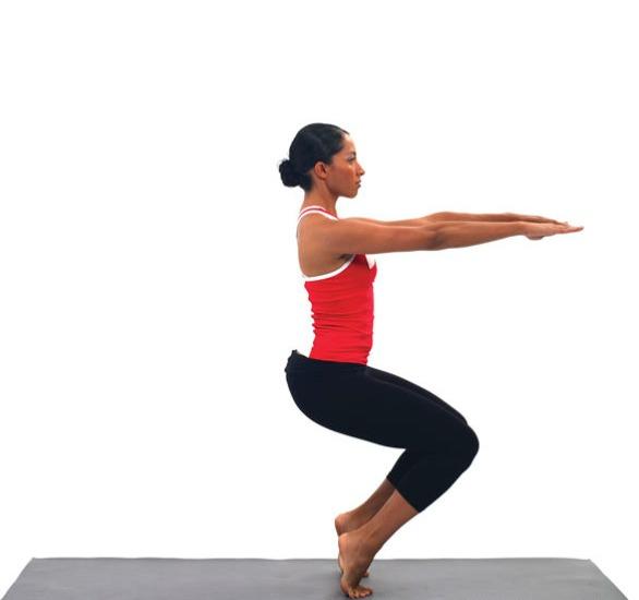 Utkatasana Variation: 1. Stand erect with your feet slightly apart. 2. Inhale and raise your arms perpendicular to the floor. Keep the arms parallel, palms facing inward, or join your palms. 3.