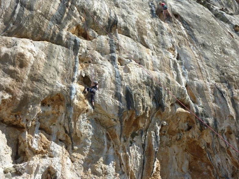 their clips in a superb-looking 7a+called Saule, so we asked and they said we could have a go it was very steep, but the holds were huge and the rests excellent, in fact it was probably a soft touch,