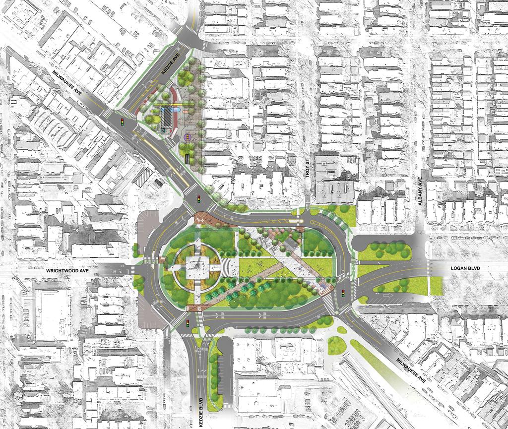 Recommended Logan Square Concept Two Way, The Bend WHAT WE HEARD AT PUBLIC MEETING 2 Reroute Milwaukee Avenue to create a larger public space within the Square.