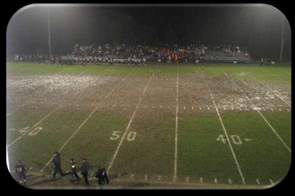Reduced soil stability, due to saturated soil conditions, combined with heavy use resulting in turfgrass failure on this high school athletic field, Haslett, MI, Oct. 28, 2006.