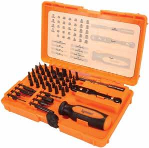 45 Piece Set Contains 12 hollow ground bits for slotted screws 15 hex bits in inch and meter sizes 6 Phillips