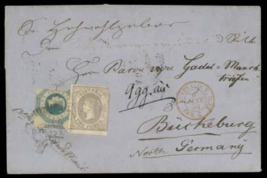 Prestige Philately - General Public Auction No 139 Page: 1 VICTORIA - Postal History 506 C B Lot 506 1857 (Nov 14) outer to North Germany "per Over Land Mail" with Imperf 1/- Octagonal & 2d Emblems