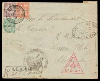 ..' maritime cds in red, oval merchant's h/s & st-line 'VIA SUEZ ET MARSEILLE' h/s both in an unusual bright blue ink, minor stain at base.