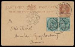 Prestige Philately - General Public Auction No 139 Page: 6 ZANZIBAR 936 PS A Lot 936 1896 commercial usage of East India ¼a Postal Card overprinted 'Zanzibar' to Germany uprated with India ½a pair