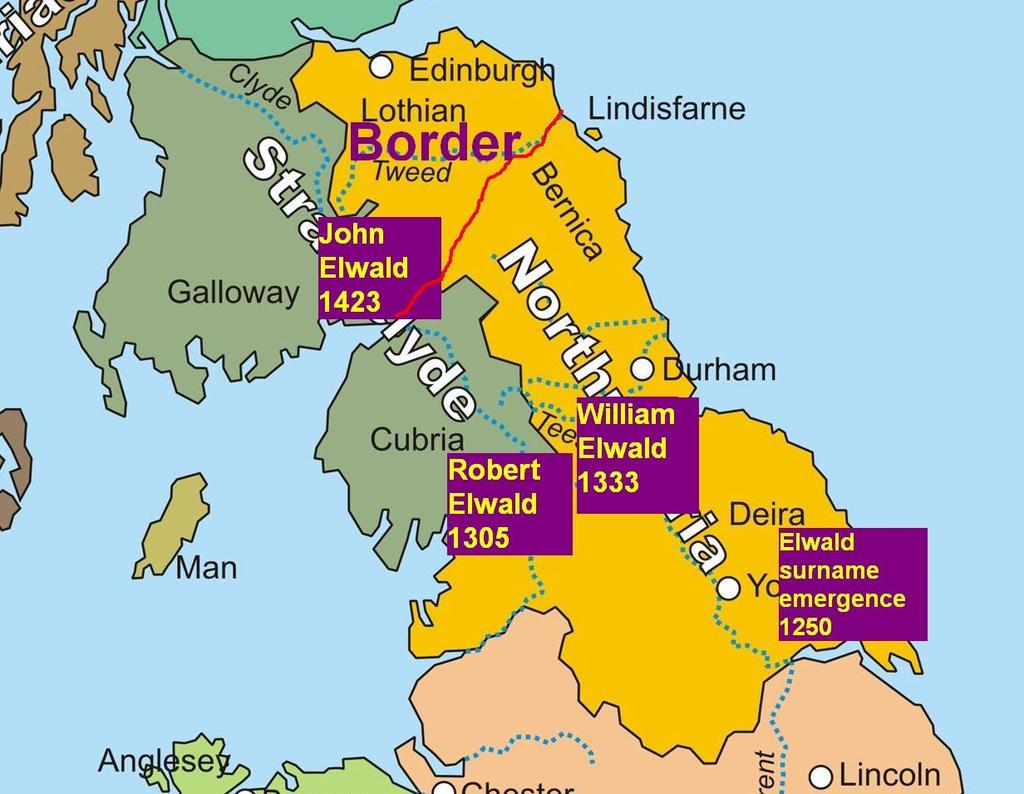 Other words; When the Wake land of Kirkandrews, became Douglas land, is when Elwald lessees became Scottish. The Douglas along with Robert de Bruce reestablished the border.