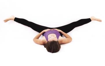 27 INNER THIGH STRETCH (against wall) With your legs straight, let your feet drop apart as wide as you can, using the wall for support Rest the palms of your hands on the floor
